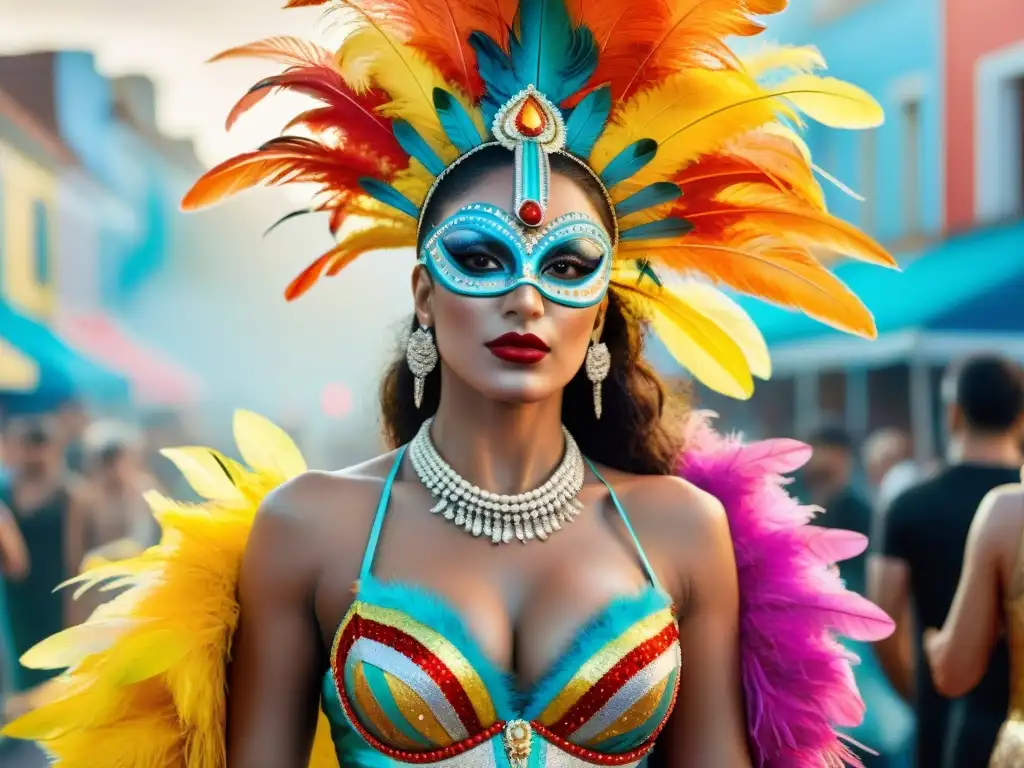 Diseñadores uruguayos en Carnaval: Creatividad y color Diseñadores contemporáneos en trajes Carnaval Uruguayo, fusionando tradición y modernidad en vibrante ilustración acuarela