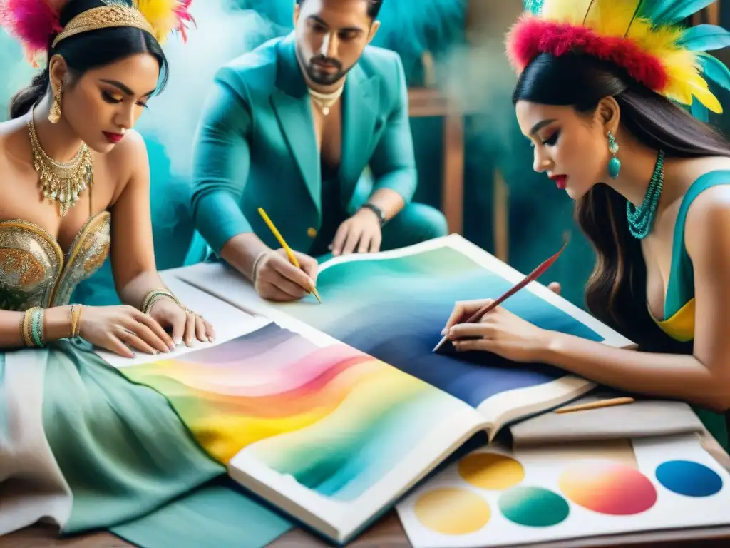 Designers uruguayos crean juntos trajes vibrantes para Carnaval Diseñadores emergentes Carnaval Uruguayo compartiendo creatividad en acuarela vibrante