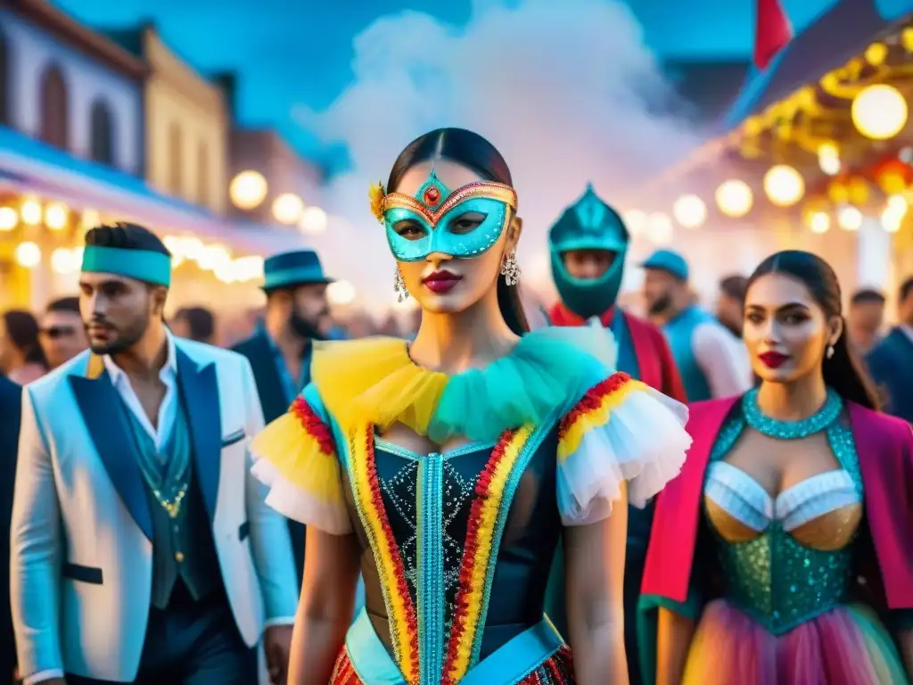Diseñadores uruguayos brillan en Carnaval con trajes innovadores Diseñadores emergentes en el Carnaval Uruguayo con trajes coloridos e innovadores, rodeados de una atmósfera festiva y luces brillantes