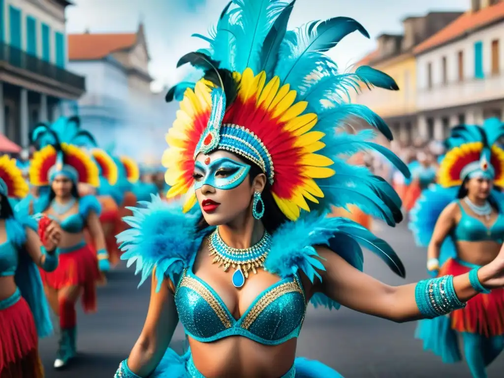 Deslumbrante desfile de Carnaval en Uruguay Diseñadores fusionan influencias internacionales carnaval: Colorido desfile en el Carnaval de Uruguay con trajes detallados y vibrante música