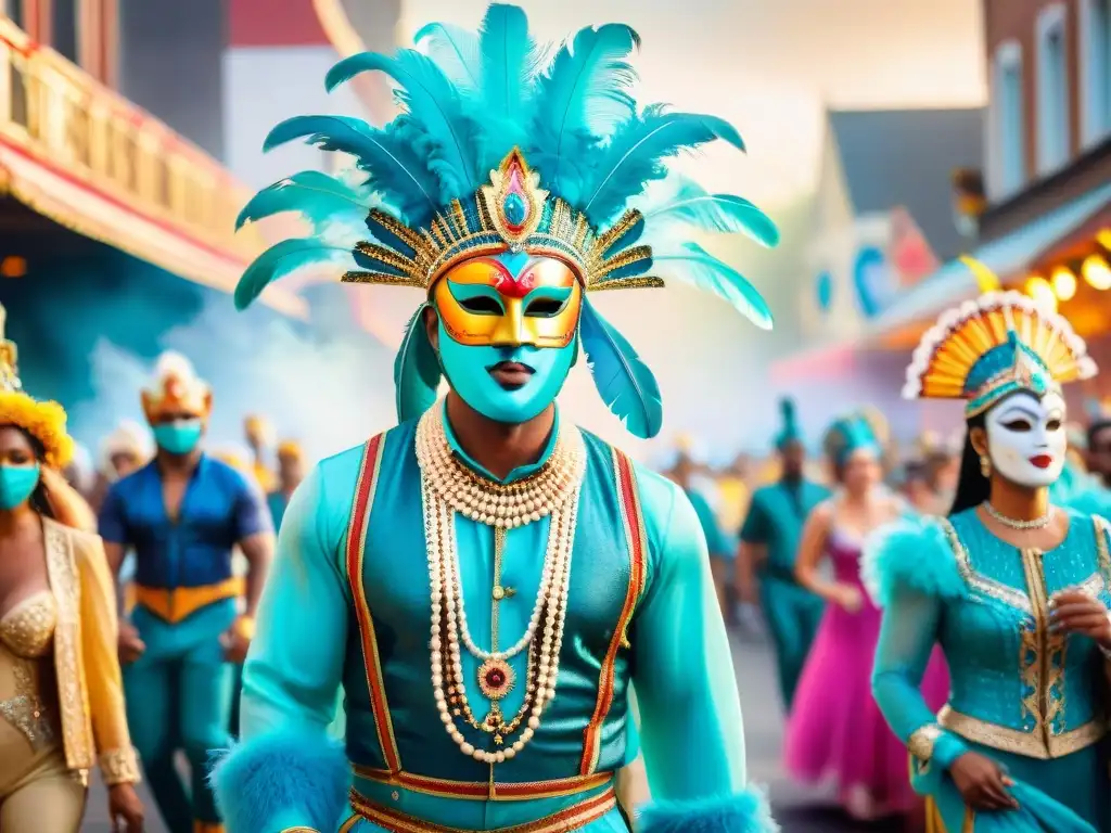 Deslumbrante desfile de carnaval lleno de color y alegría Diseño de trajes de carnaval en vibrante desfile con trajes coloridos y elaborados, máscaras y música festiva