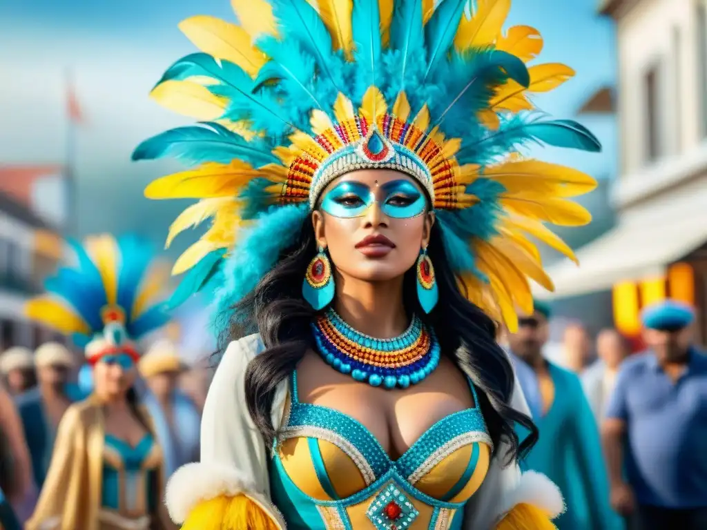 Disfraz de Carnaval Uruguayo: Detalles vibrantes y plumas exquisitas Diseño de vestuario Carnaval Uruguayo con plumas, lentejuelas y detalles intrincados en desfile festivo