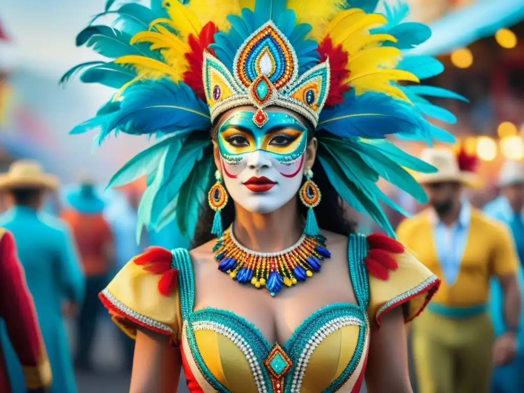 Traje de Carnaval uruguayo: artesanía tradicional y diseño contemporáneo Diseño de vestuario Carnaval Uruguayo: Un traje elaborado y vibrante fusionando artesanía tradicional y diseño moderno