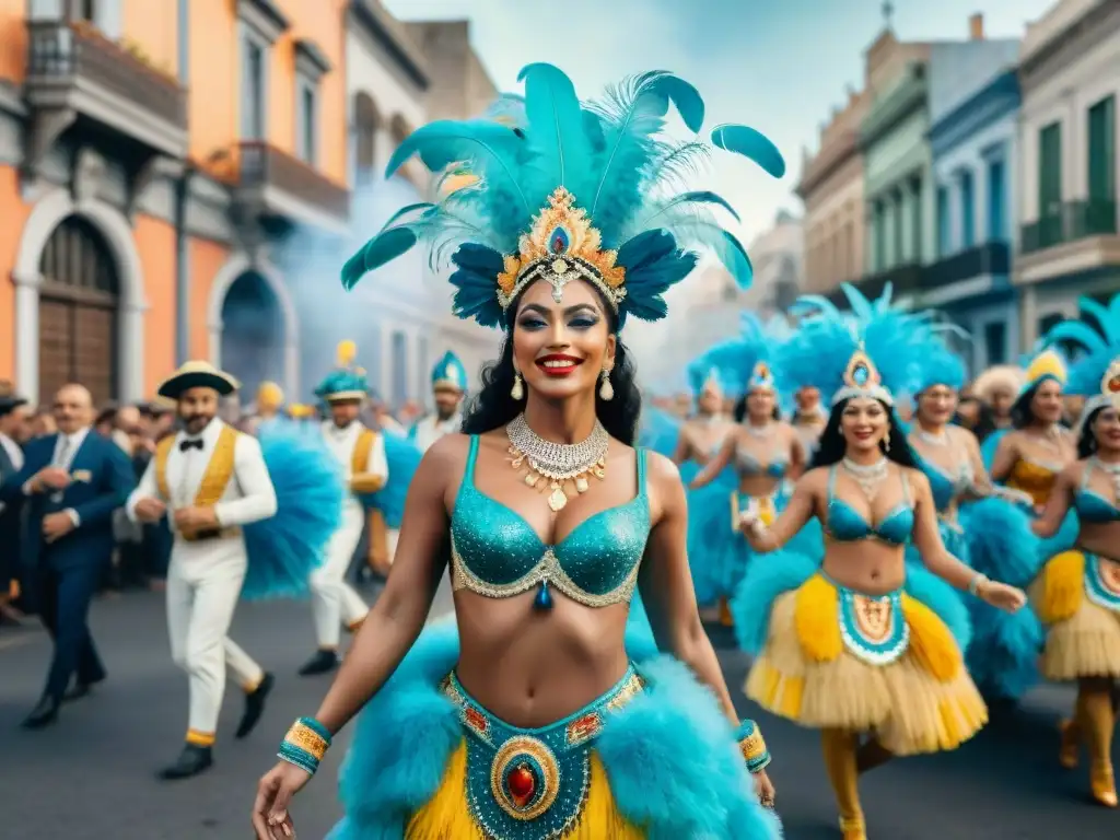 Desfile de Carnaval en Montevideo: plumas, lentejuelas y tradición Diseño de vestuario en Carnaval Uruguayo: Desfile vibrante de bailarines con trajes coloridos y detallados en Montevideo