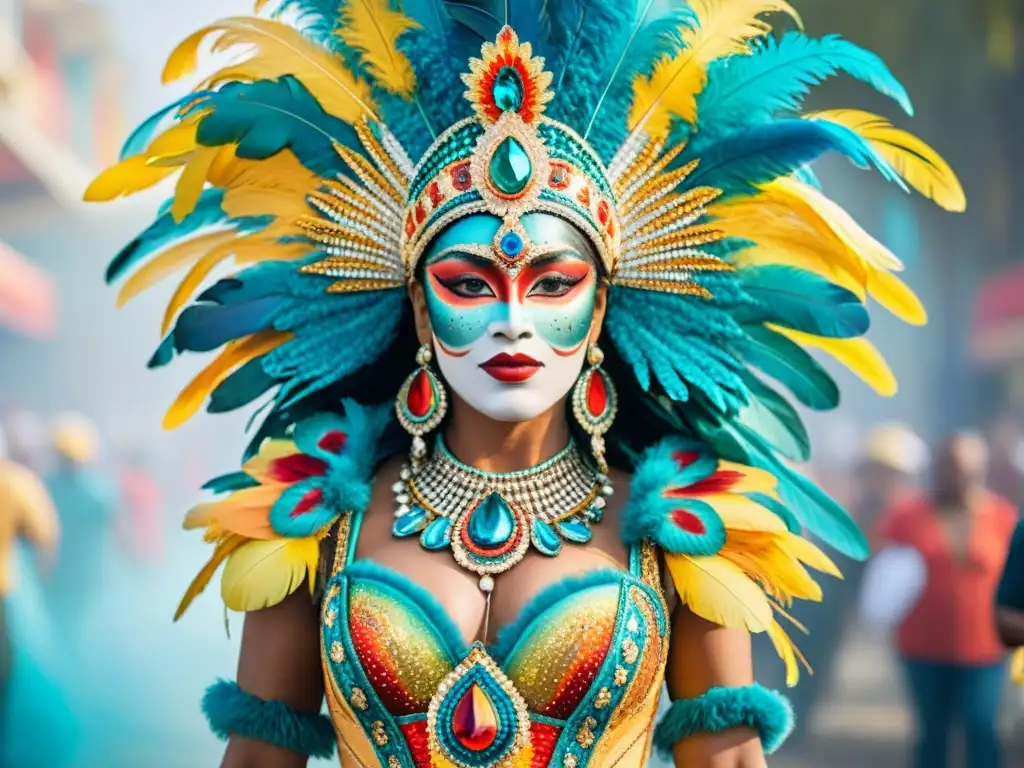 Traje de Carnaval detallado y vibrante en acuarela Un diseño de vestuario de Carnaval vibrante y elaborado, con plumas, lentejuelas y bordados detallados en colores brillantes