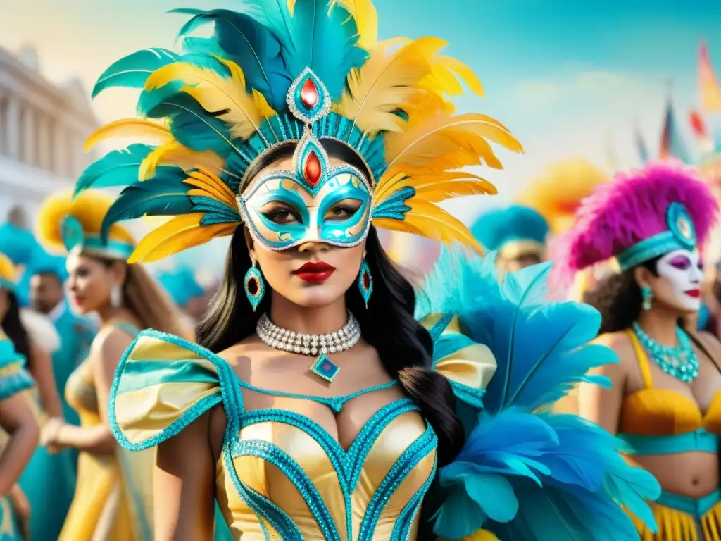 Evolución de disfraces de Carnaval en Uruguay: tradición a vanguardia Evolución del disfraz en Carnaval Uruguayo: Acuarela vibrante muestra trajes tradicionales a contemporáneos con colores y formas audaces