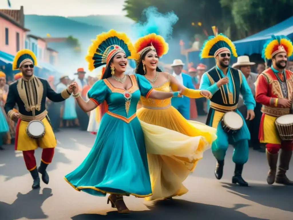 Baile vibrante en Carnaval: diversidad y alegría en Uruguay Diversidad y alegría en el Carnaval Uruguayo: inclusión de minorías étnicas bailando juntas en vibrantes trajes tradicionales