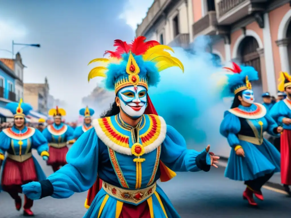 ¡Desfile de Carnaval en Uruguay: vibrante y colorido! Fotografía documental Carnaval Uruguayo: Desfile vibrante con trajes coloridos y danzas energéticas en las calles de Uruguay