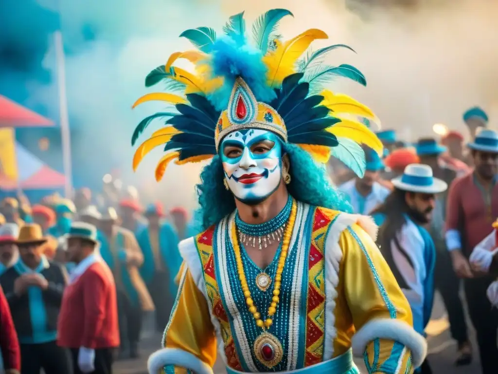 Pintura acuarela detallada de un Carnaval en Uruguay Fotografía documental del Carnaval Uruguayo: Un vibrante desfile capturado en acuarela detallada