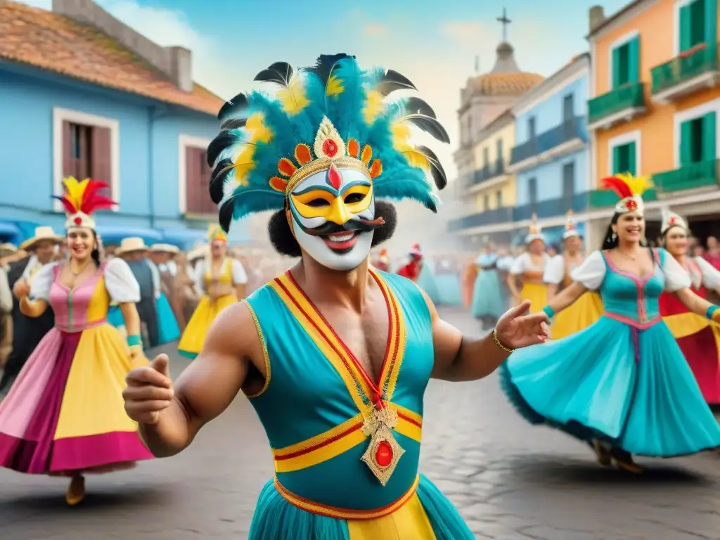 Carnaval uruguayo: vibrante escena cultural y histórica Emociones en el Carnaval Uruguayo: una pintura acuarela detalla la alegría y tradiciones festivas de Uruguay