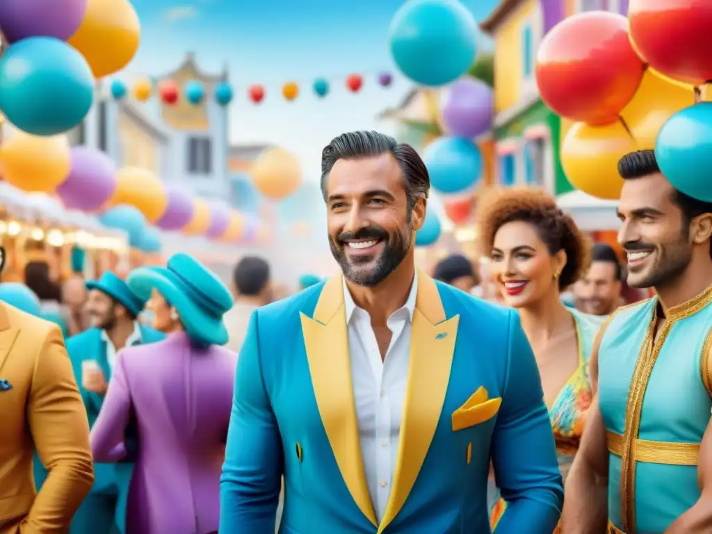 Emprendedores creativos en carnaval uruguayo Emprendedores en el Carnaval Uruguayo: Ilustración detallada de empresarios entusiastas en plena creatividad y energía festiva