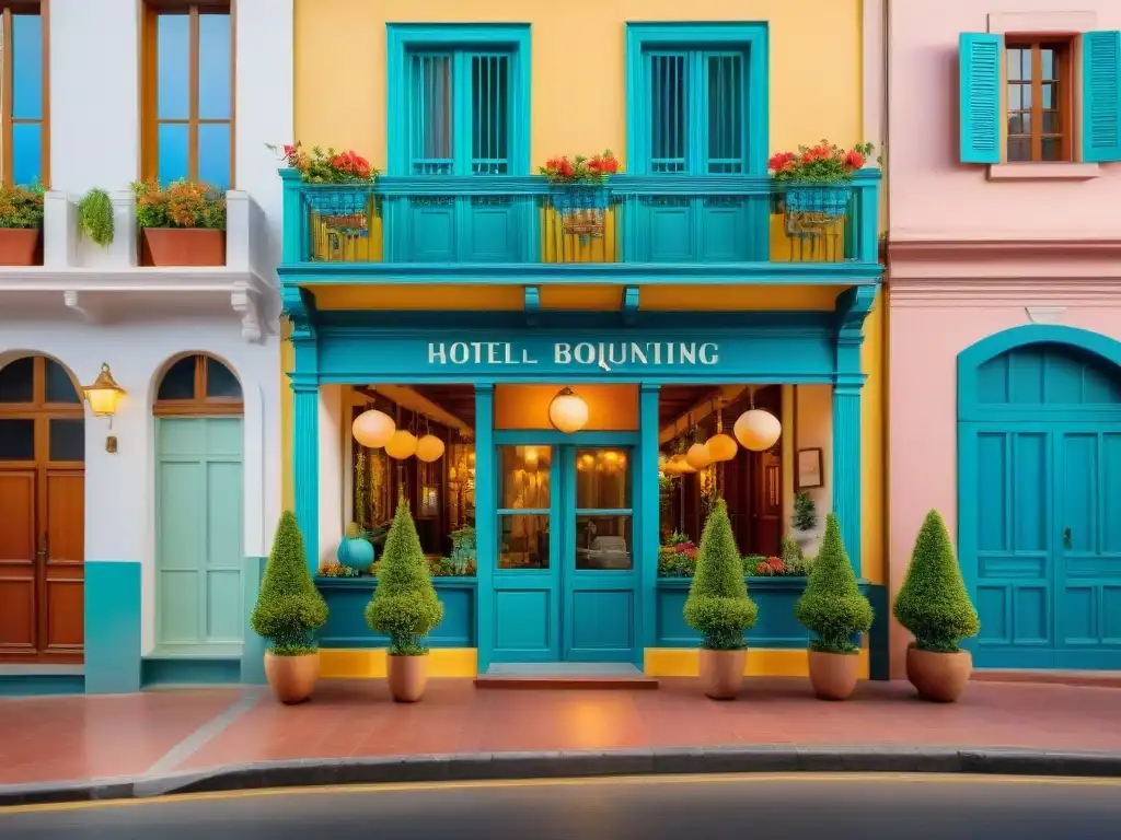 Encantador hotel boutique en Montevideo: acuarela detallada Un encantador hotel boutique en Montevideo con toques locales tradicionales y decoraciones festivas de Carnaval