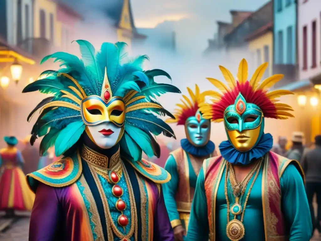 Misterio y color en Carnaval: acuarela de máscaras vibrantes en Uruguay Un enigmático cuadro de acuarela del Carnaval Uruguayo con máscaras detalladas y coloridas, rodeadas de misterio