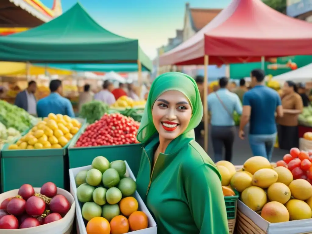 Mercado vibrante en carnaval: frutas y verduras coloridas Escena animada de un mercado callejero en carnaval con frutas y verduras coloridas, vendedores sonrientes y cielo soleado