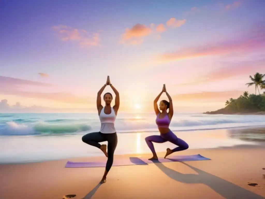 Yoga al amanecer: artistas del carnaval en la playa tropical Una escena de artistas de carnaval practicando estiramientos esenciales al amanecer en una playa tropical