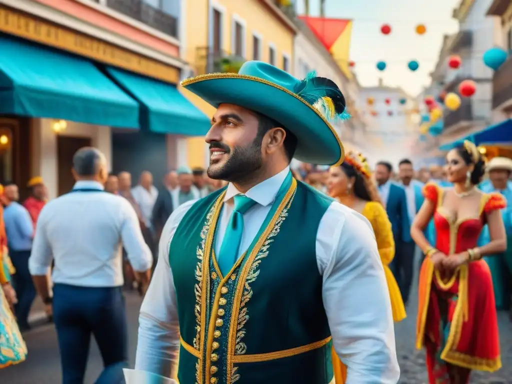 Carnaval Uruguayo: escena vibrante llena de color y alegría Escena callejera del Carnaval Uruguayo, con artistas coloridos y música alegre, en una atmósfera festiva de economía informal