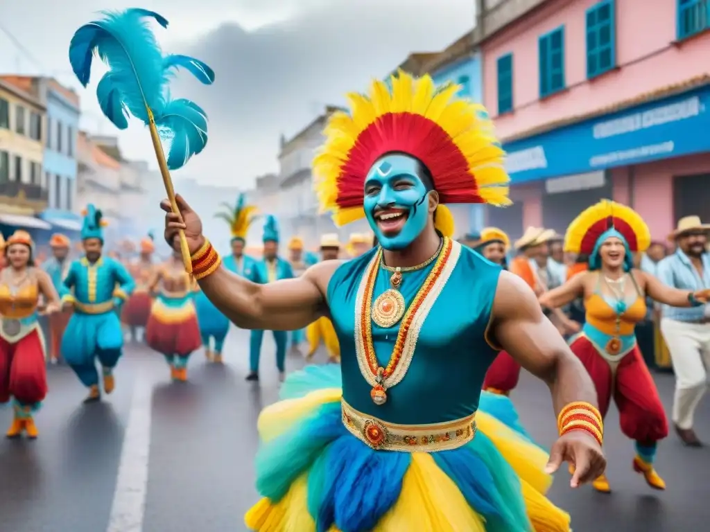 Deslumbrante carnaval en Uruguay: murga, baile y color Una escena callejera colorida del Carnaval en Uruguay con jerga murgas y festividad