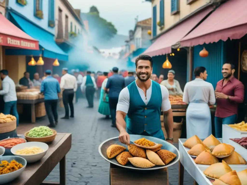 Escena vibrante del Carnaval de Uruguay: colores, sabores y alegría Escena callejera vibrante del Carnaval Uruguayo con figuras destacadas cocina