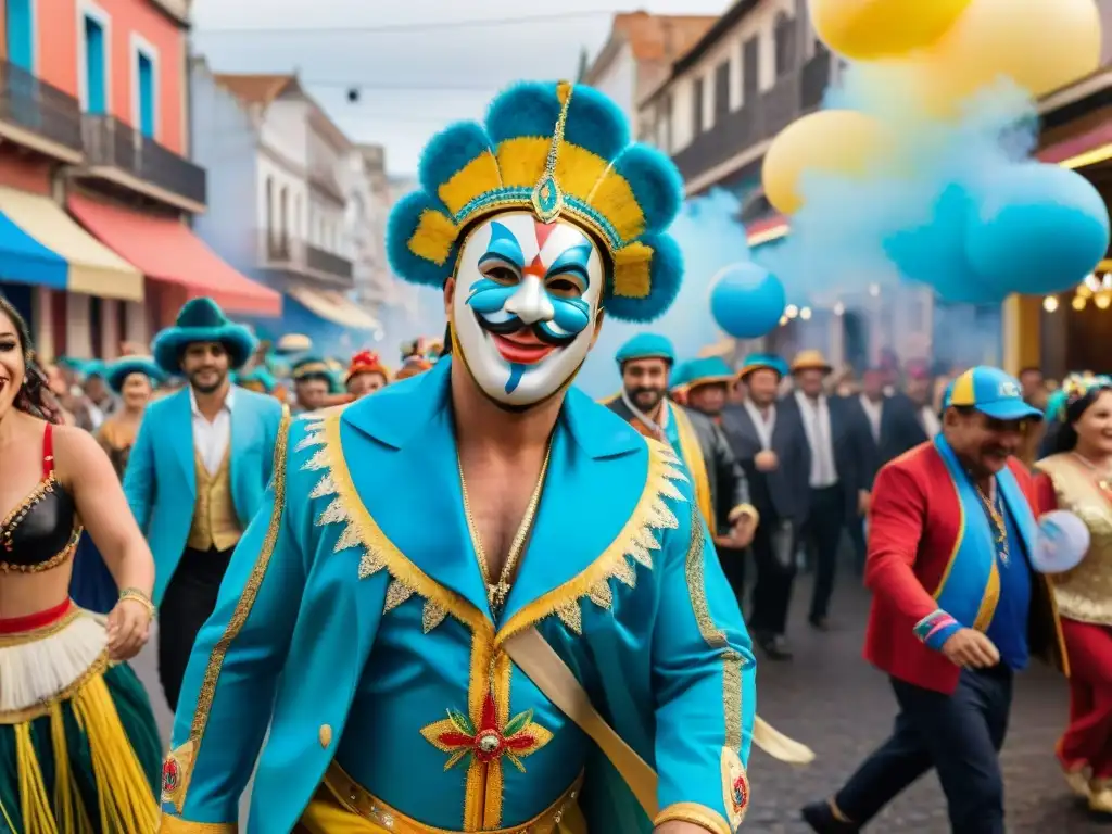 Vibrante Carnaval Uruguayo: Familias celebrando con alegría Escena callejera vibrante del Carnaval Uruguayo con familias participando alegremente en paquetes familiares