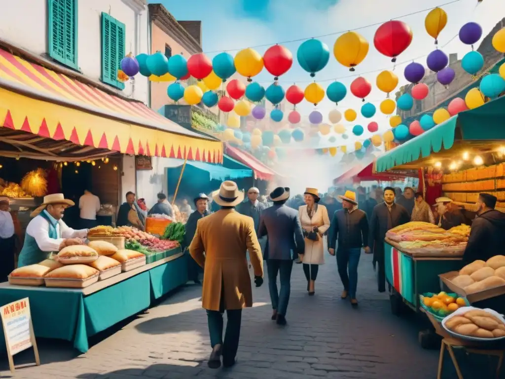 Escena callejera vibrante del Carnaval en Uruguay con platos típicos y gente festiva