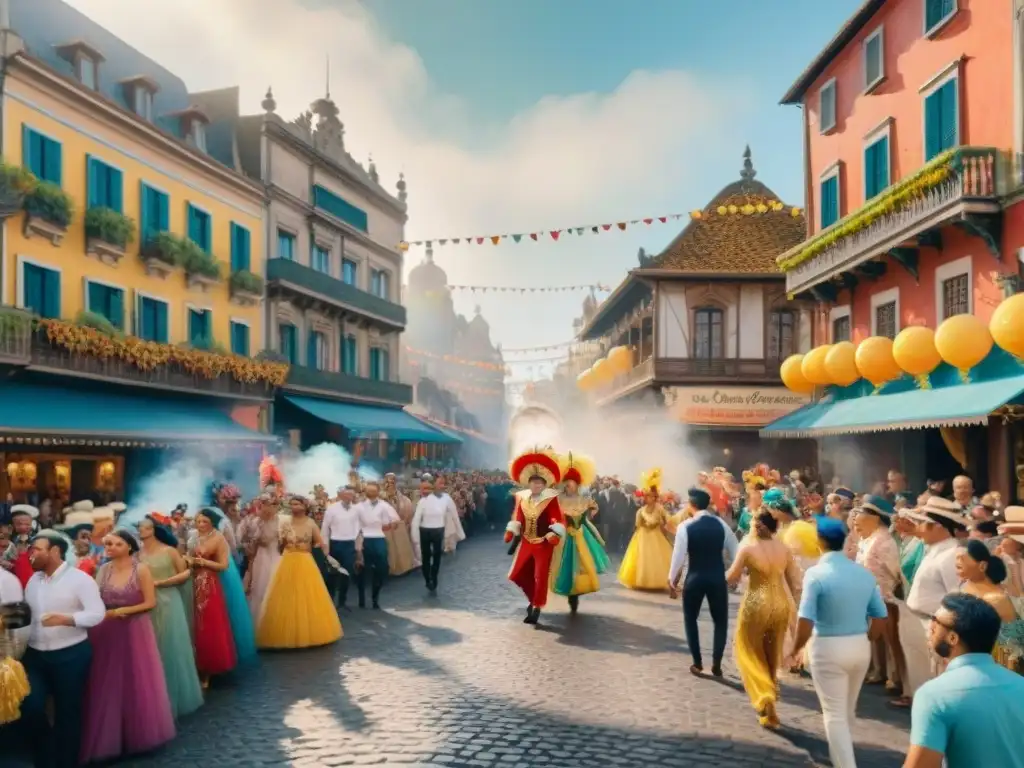 Pintura detallada del Carnaval: colorida celebración en las calles Escena de Carnaval vibrante con confeti, bailarines, carros alegóricos y espectadores