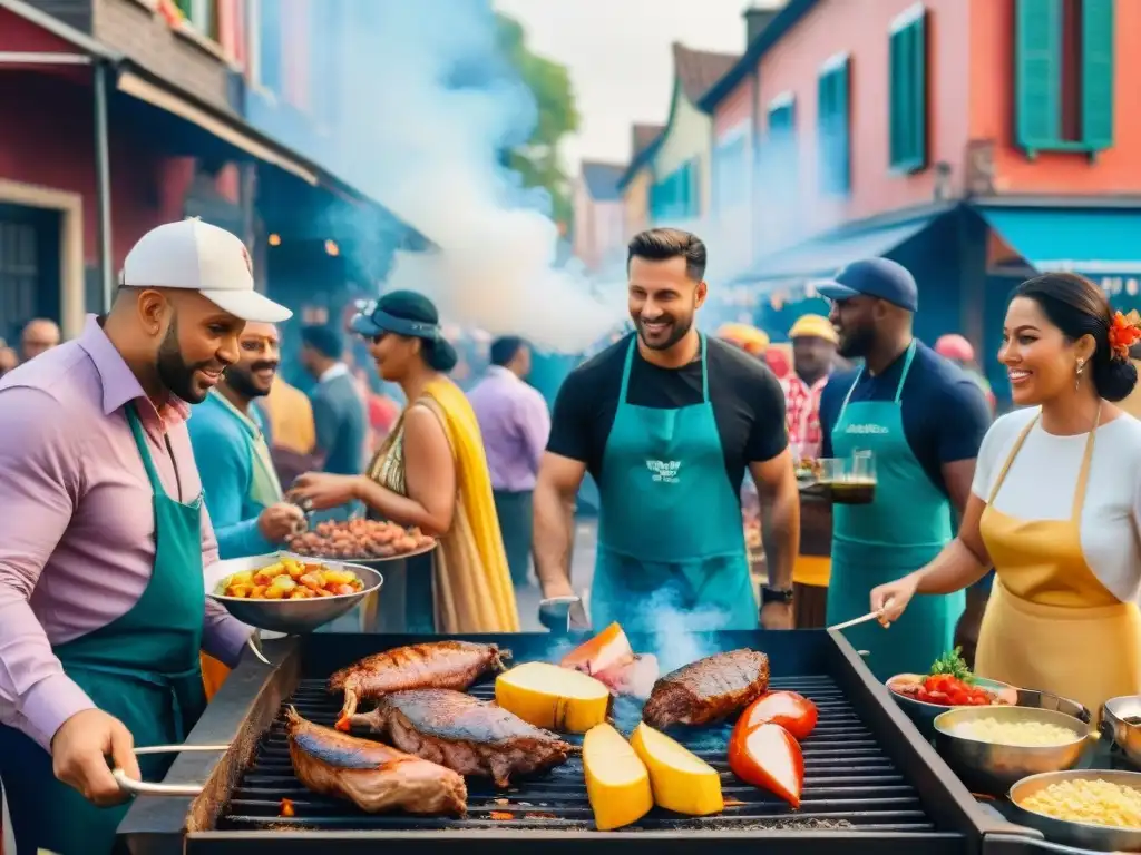 Pintura detallada de parrillada en Carnaval Una escena colorida de Carnaval con personas asando carne en una parrilla gigante