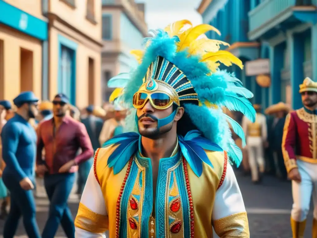 Colorido carnaval uruguayo: tradiciones y baile en las calles Escena colorida del Carnaval en Uruguay con trajes detallados y música alegre
