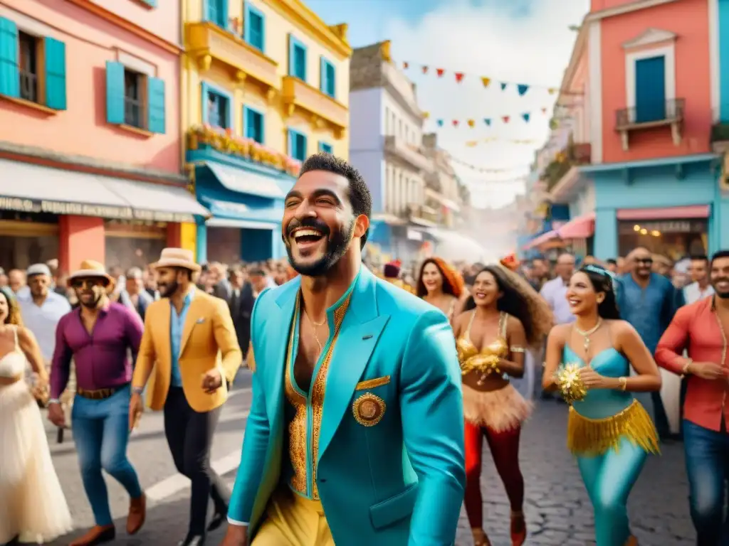 Carnaval en Uruguay: Fiesta colorida y alegre Escena festiva de Carnaval en Uruguay, con gente diversa y coloridos trajes