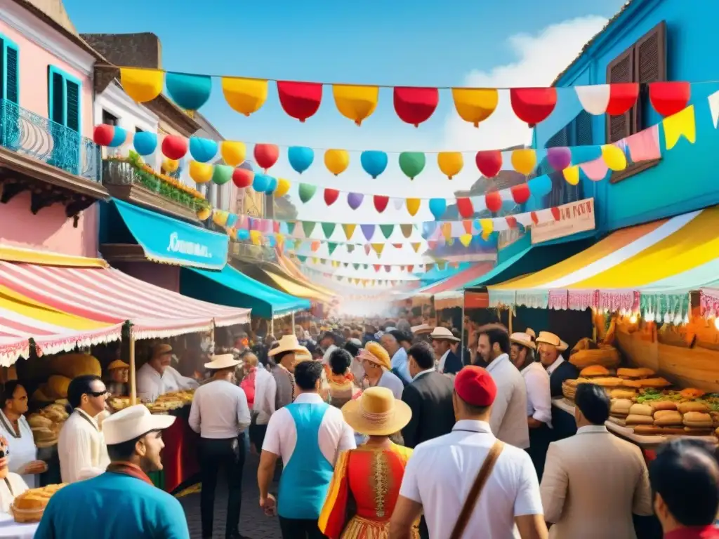 Escena festiva del Carnaval Uruguayo con gastronomía típica y colorida arquitectura colonial