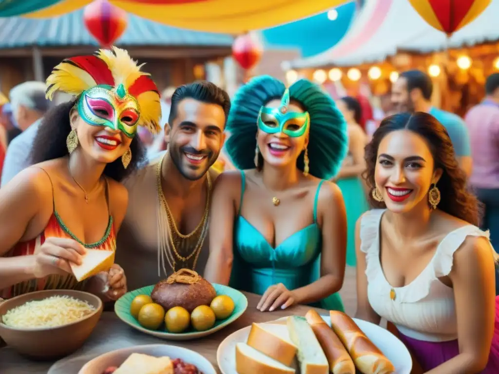 Colorida picada uruguaya en carnaval comunitario Escena festiva: tradición de picadas en Carnaval con comida uruguaya y alegría compartida