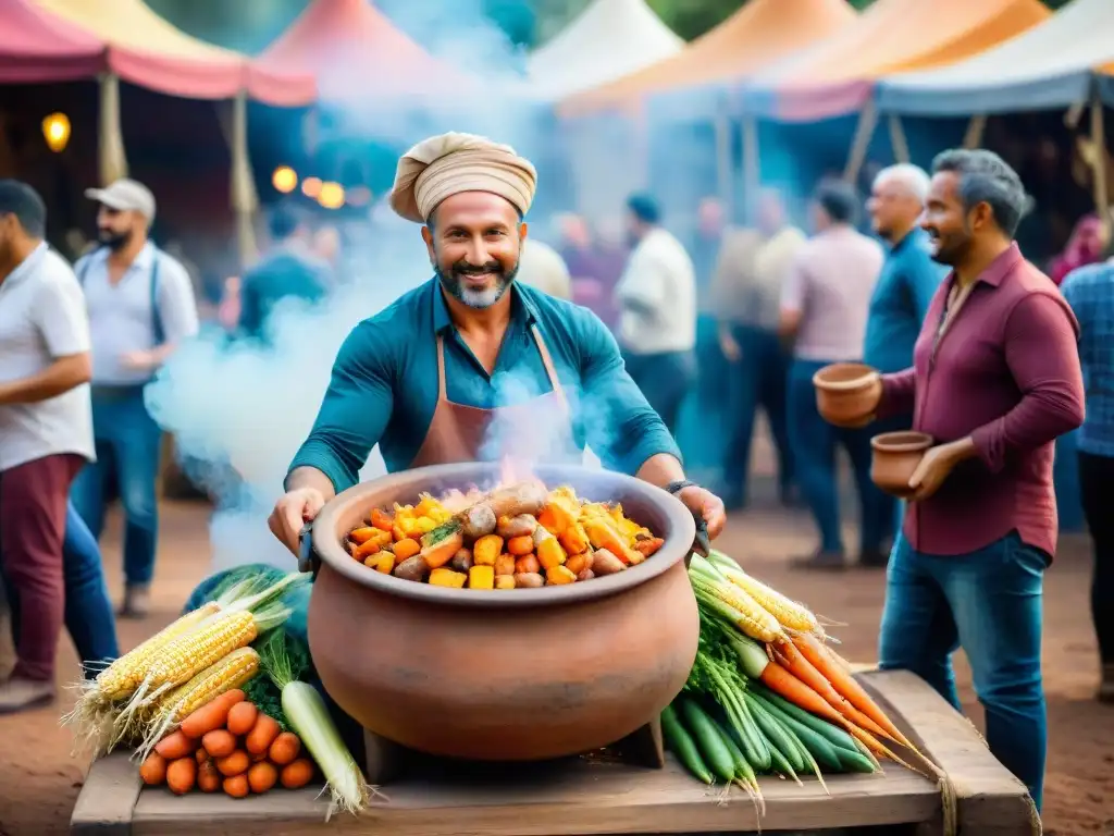Pintura acuarela de puchero uruguayo con vegetales y baile de carnaval Una escena mágica: puchero uruguayo tradicional y colorido carnaval