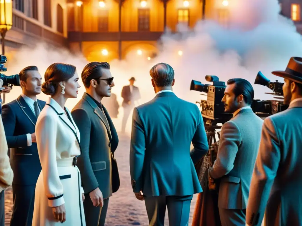 Escena de película clásica: evolución del vestuario en el cine Escena de película en acuarela: actores con trajes icónicos en set vintage