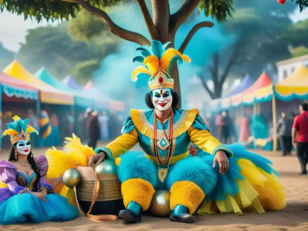 Descanso colorido de artistas en Carnaval uruguayo Una escena tranquila en el Carnaval Uruguayo: artistas descansando bajo un árbol, demostrando la importancia de la salud cardiovascular