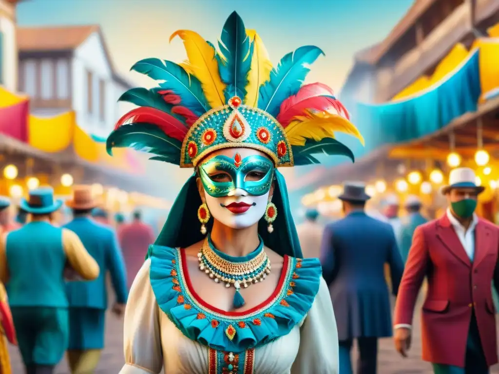 Mercado vibrante: artesanías uruguayas de carnaval Escena vibrante en acuarela: artesanos del Carnaval Uruguayo crean trajes coloridos, máscaras e impresionantes tocados