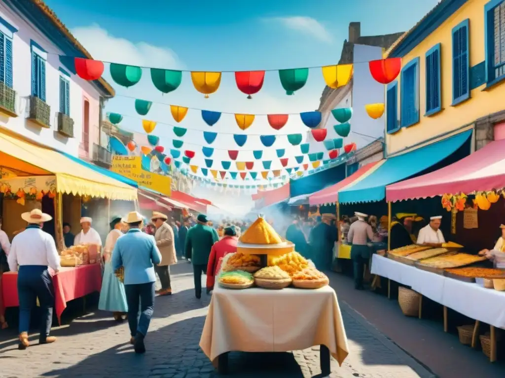 Escena colorida del Carnaval gastronómico en Uruguay Escena vibrante de una calle uruguaya con puestos de comida vendiendo chivito al plato, asado y empanadas
