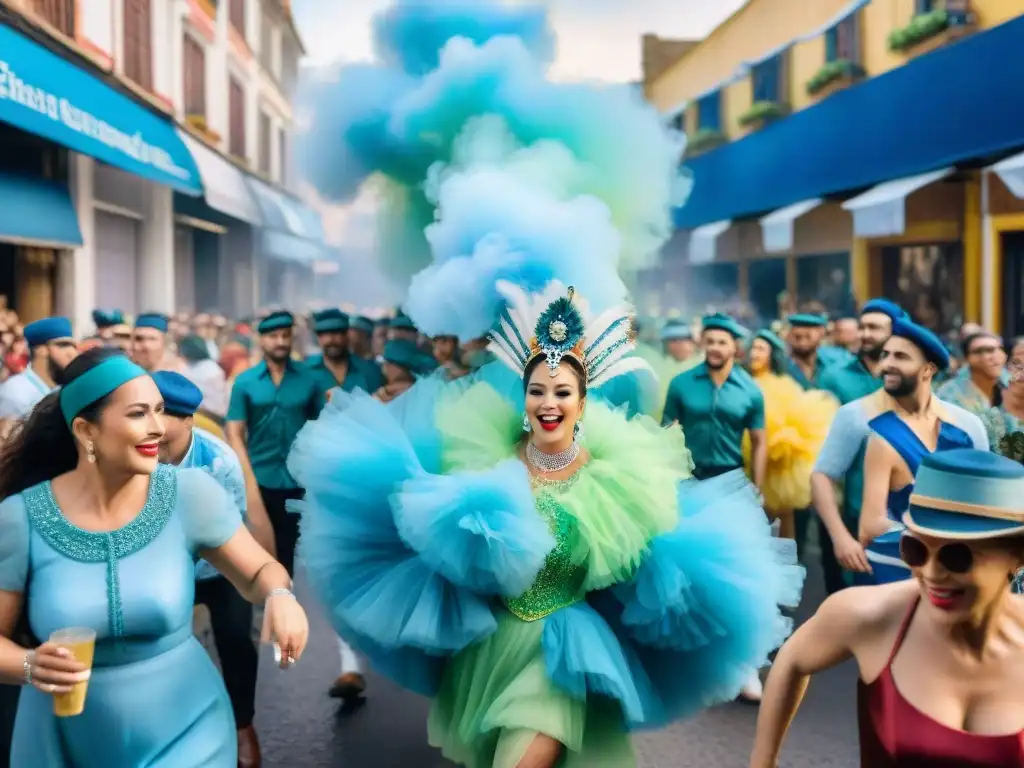 Carnaval en Uruguay: pintura acuarela vibrante de la fiesta callejera Escena vibrante del Carnaval en Uruguay con carros alegóricos y bailarines en trajes coloridos