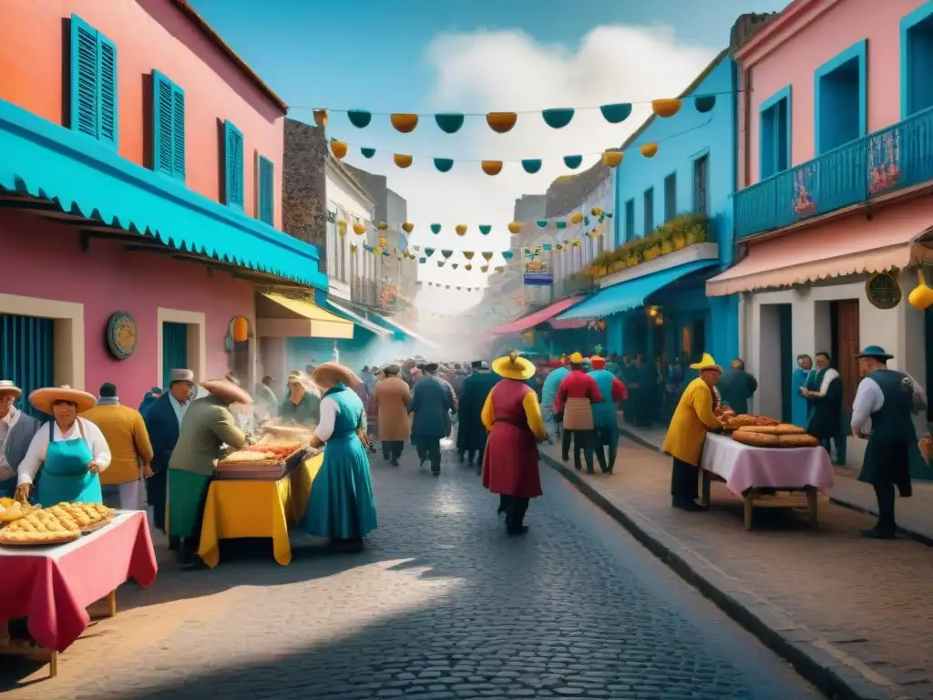 Celebración colorida del Carnaval en Uruguay Escena vibrante del Carnaval en Uruguay, con coloridas comidas y festivos disfraces