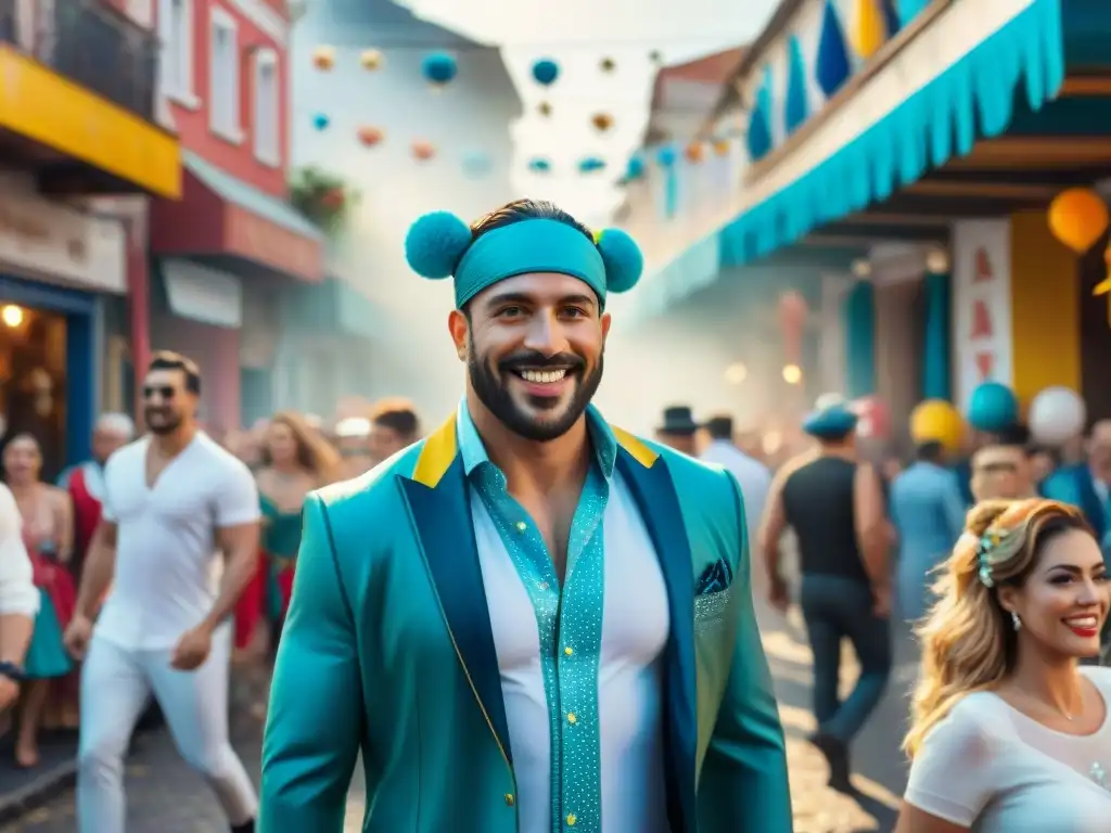 Colorido carnaval en Uruguay: alegría y energía festiva Escena vibrante de carnaval en Uruguay con coloridos desfiles y espectadores felices