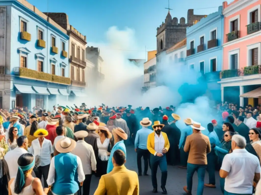 Carnaval en Uruguay: Calle vibrante llena de color y alegría Escena vibrante del Carnaval en Uruguay con gente en trajes coloridos y carros alegóricos