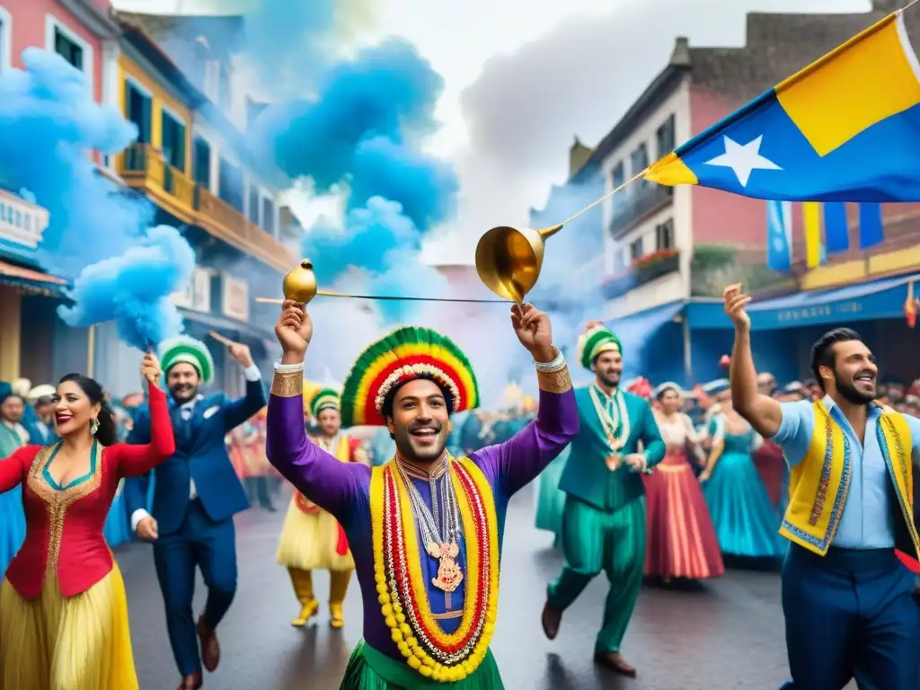 Escena festiva del Carnaval de Uruguay: colores y alegría Escena vibrante del Carnaval de Uruguay con gente en trajes coloridos disfrutando una cazuela tradicional