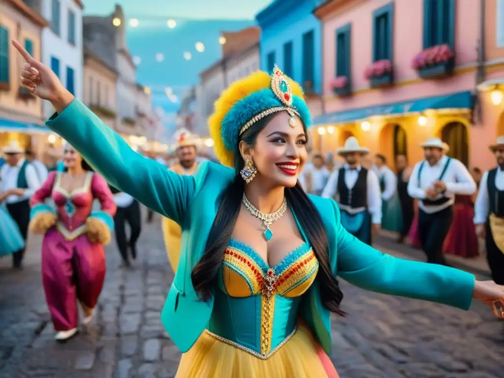 Carnaval en Uruguay: Celebración colorida y alegre en plaza histórica Una escena vibrante de Carnaval en el interior de Uruguay: coloridos trajes, bailes alegres y desfiles decorados en una plaza pintoresca