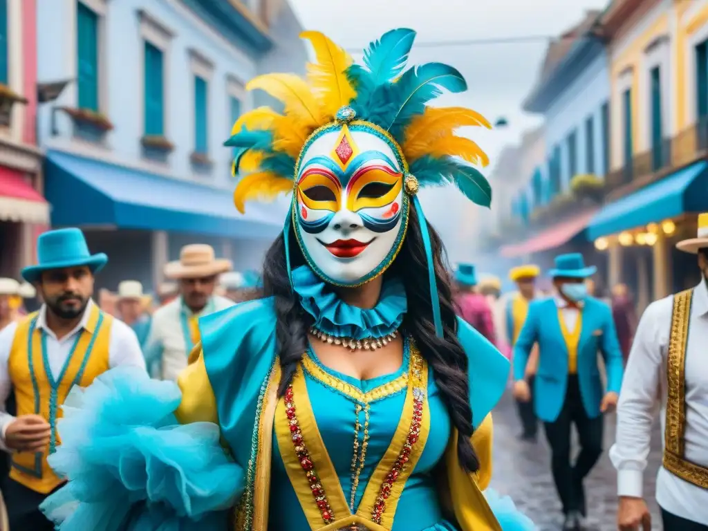Carnaval en Uruguay: Escena colorida y festiva Una escena vibrante del Carnaval en Uruguay: máscaras, colores y música en una celebración llena de historia