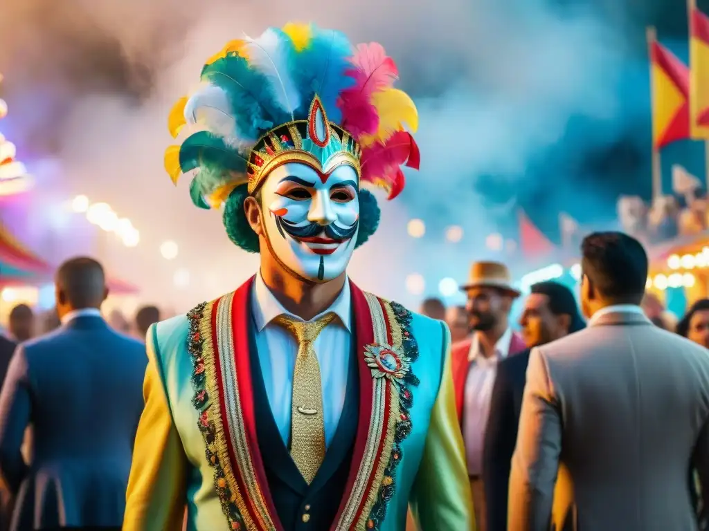 Carnaval en Uruguay: Detalles vibrantes y música cautivadora Escena vibrante de Carnaval en Uruguay con trajes coloridos y máscaras, bajo la iluminación escenarios Carnaval Uruguay