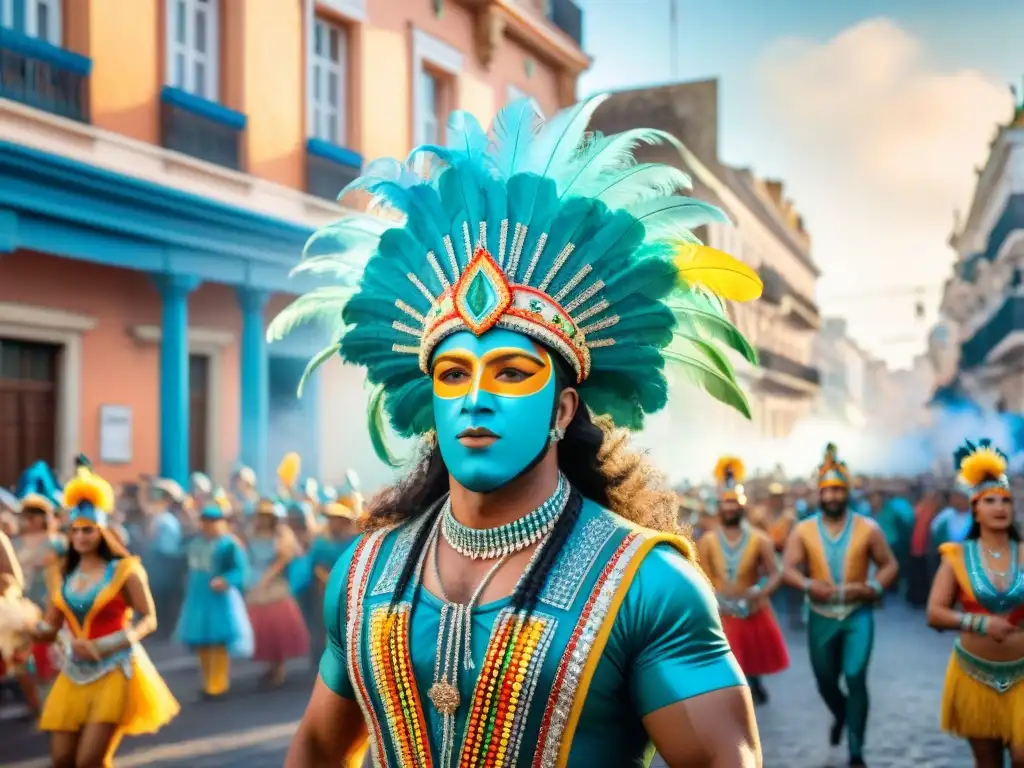 Vibrante Carnaval Uruguayo: Celebración cultural y económica Escena vibrante del Carnaval Uruguayo: danzas coloridas, tambores rítmicos y arquitectura colonial, reflejando el impacto económico de participar
