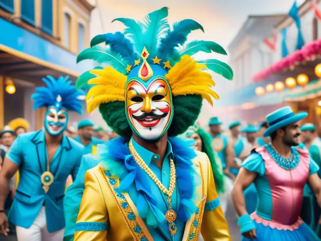 Carnaval uruguayo: explosión de color y alegría en las calles Escena vibrante del Carnaval Uruguayo con deslumbrantes carrozas, bailarines y espectadores, reflejando el impacto económico del evento