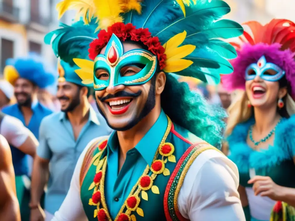 Colorida pintura del Carnaval Uruguayo: alegría y caos festivo Escena vibrante del Carnaval Uruguayo, momentos espontáneos únicos capturados en acuarela