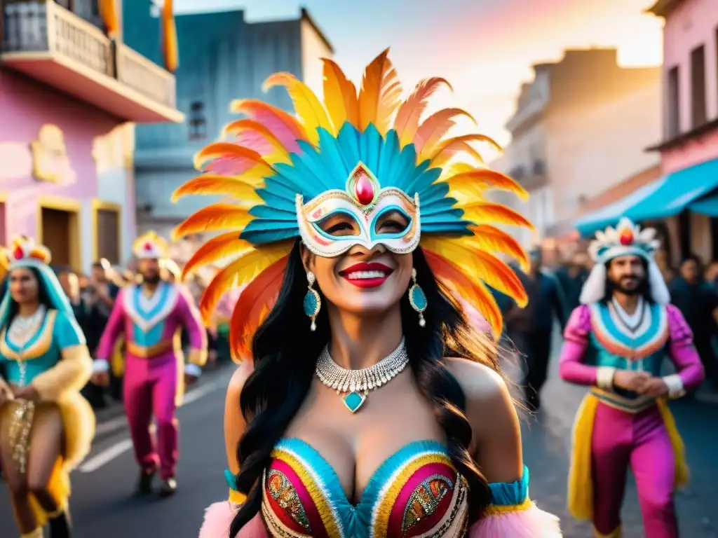 Escena vibrante del carnaval en Uruguay: danza, color y tradición Escena vibrante de Carnaval Uruguayo con trajes y máscaras coloridas, danzas alegres y música festiva