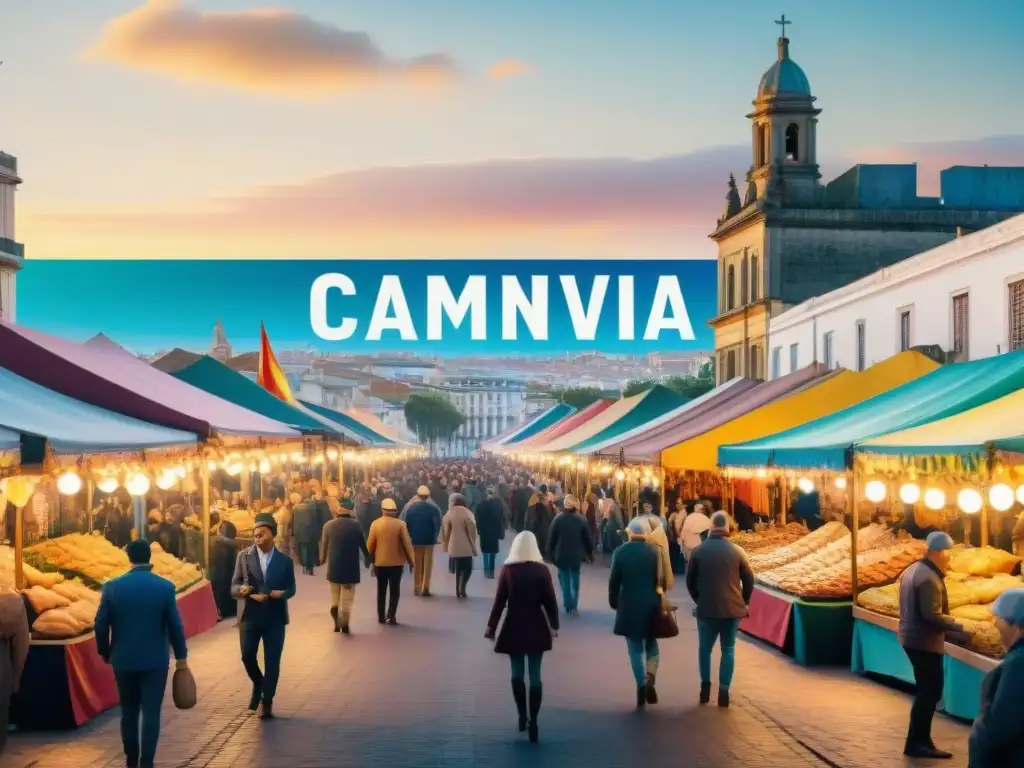 Callejón festivo: Carnaval en Uruguay con comida y baile Escena vibrante del Carnaval Uruguayo con platos tradicionales y coloridos disfraces en las calles de Montevideo al atardecer