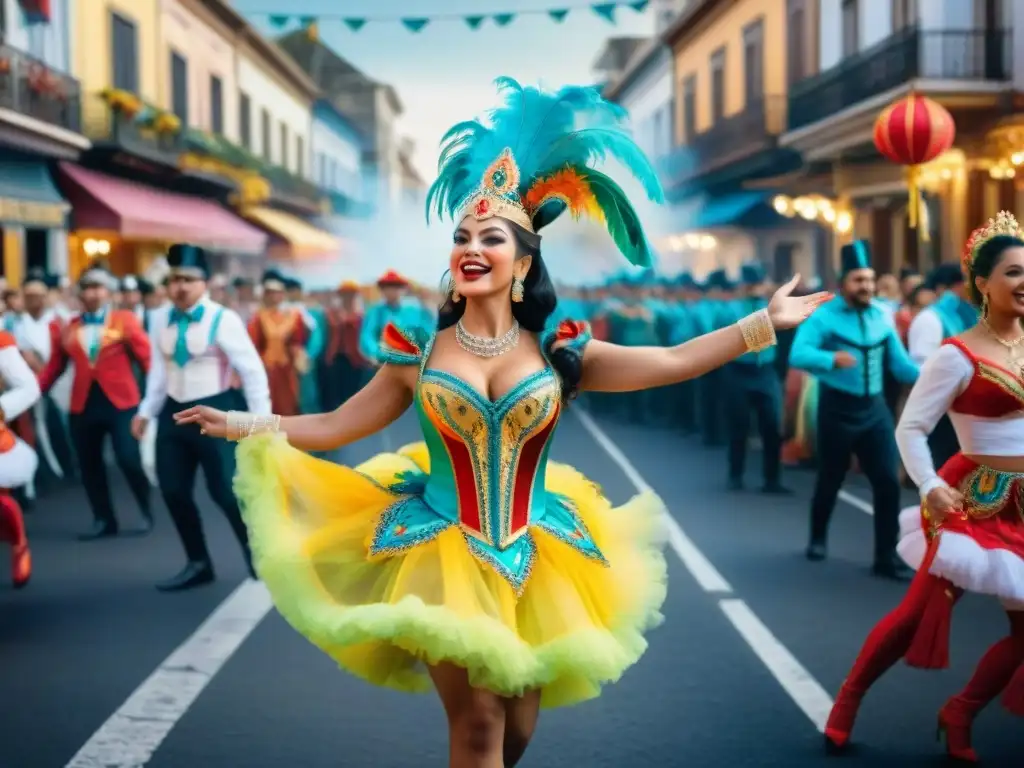 Vibrante Carnaval Uruguayo: Fiesta callejera llena de color y alegría Escena vibrante del Carnaval Uruguayo con platos icónicos y alegría desbordante