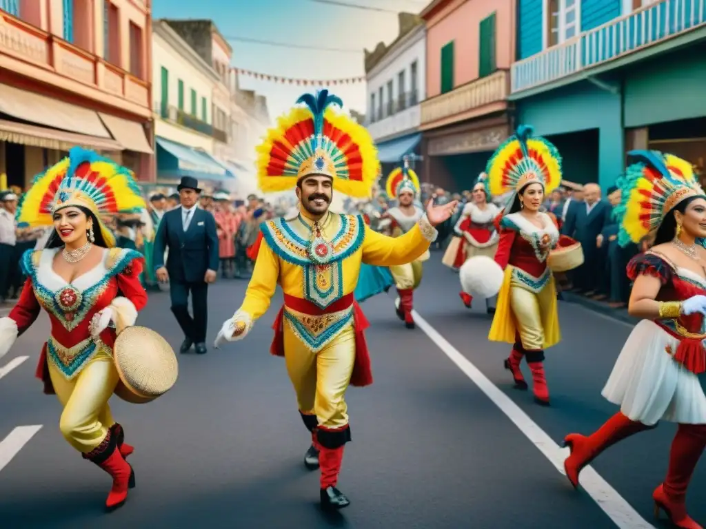 Esplendor del carnaval uruguayo en el siglo XX Escena vibrante del Carnaval Uruguayo siglo XX con músicos, bailarines y espectadores